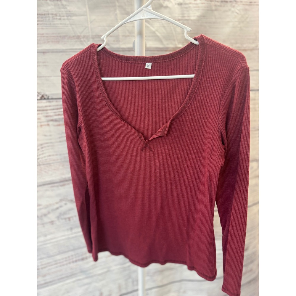 Burgundy Ribbed Henley Long Sleeve Top Shirt Womens Size Medium
